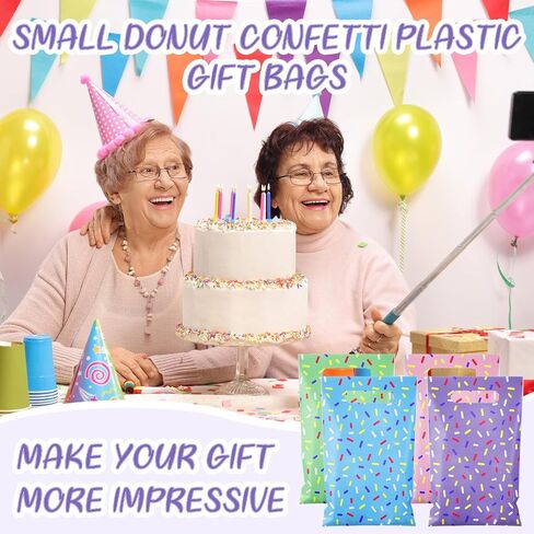 Sweetude 48 Pieces Plastic Donut Confetti Gift Bags Bulk Ice Cream Candy Goodie Treat Bags with Handle for Summer Party Favor Supplies Decoration in Saudi Arabia