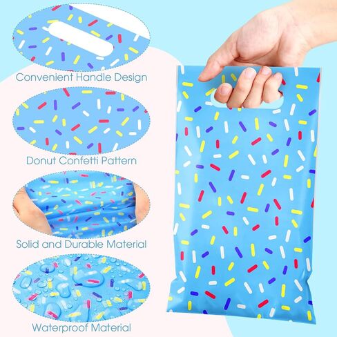 Sweetude 48 Pieces Plastic Donut Confetti Gift Bags Bulk Ice Cream Candy Goodie Treat Bags with Handle for Summer Party Favor Supplies Decoration in Saudi Arabia