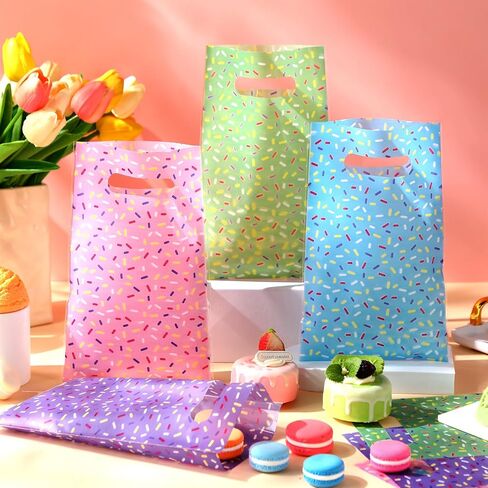 Sweetude 48 Pieces Plastic Donut Confetti Gift Bags Bulk Ice Cream Candy Goodie Treat Bags with Handle for Summer Party Favor Supplies Decoration in Saudi Arabia