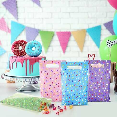 Sweetude 48 Pieces Plastic Donut Confetti Gift Bags Bulk Ice Cream Candy Goodie Treat Bags with Handle for Summer Party Favor Supplies Decoration in Saudi Arabia