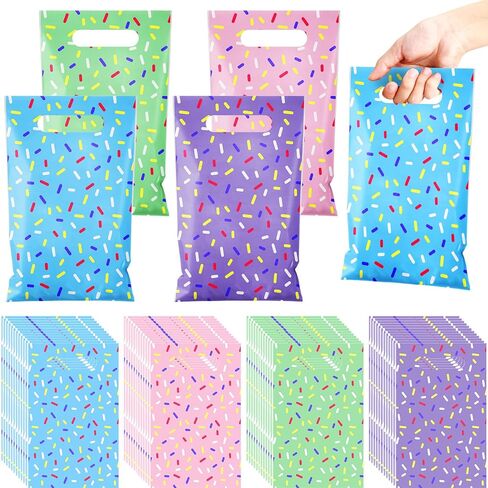 Sweetude 48 Pieces Plastic Donut Confetti Gift Bags Bulk Ice Cream Candy Goodie Treat Bags with Handle for Summer Party Favor Supplies Decoration in Saudi Arabia