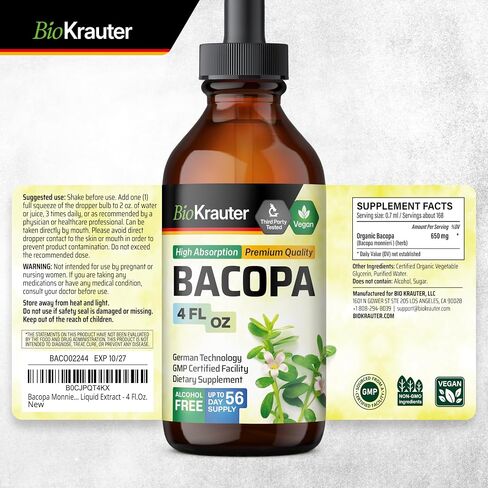 Bacopa Monnieri Organic Tincture - Cognitive Health Support Liquid Supplement - Organic Bacopa Herbal Extract - Alcohol & Sugar Free Vegan Drops 4 Fl.Oz. in Saudi Arabia