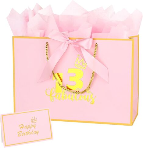 Dimetey 12.6inch حقيبة هدايا عيد ميلاد 18 مع بطاقة هدية وورقة أنسجة لإصدار عيد ميلاد الفتاة الثامن عشر (الوردي 18) in Kuwait