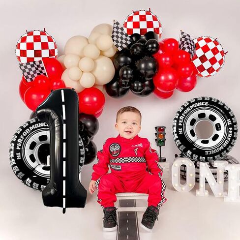 12pcs Red and White Checkered Balloon Race Car Foil Balloons for Racing Themed Birthday Party Decoration in Saudi Arabia