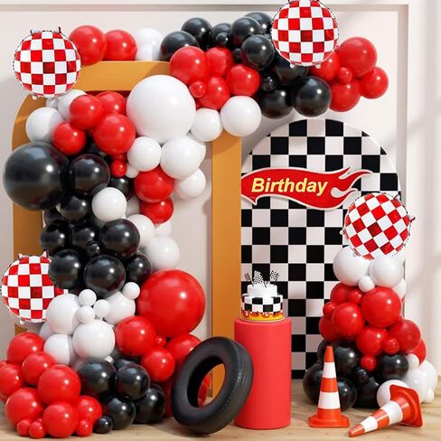 12pcs Red and White Checkered Balloon Race Car Foil Balloons for Racing Themed Birthday Party Decoration in Saudi Arabia