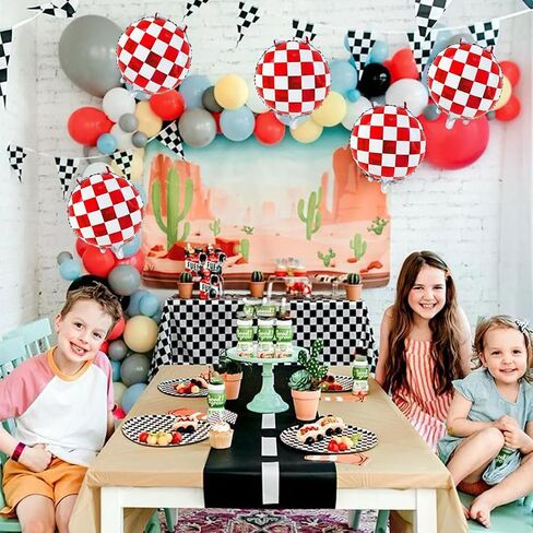12pcs Red and White Checkered Balloon Race Car Foil Balloons for Racing Themed Birthday Party Decoration in Saudi Arabia