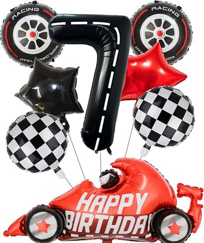 12pcs Red and White Checkered Balloon Race Car Foil Balloons for Racing Themed Birthday Party Decoration in Saudi Arabia