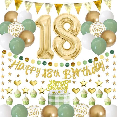 18th Birthday Decorations for Girls Boys, Happy 18th Birthday Decorations Banner 18 Balloon Numbers Star Garland Sage Green for 18 Year Old Birthday Decoration Supplies in Saudi Arabia