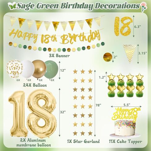18th Birthday Decorations for Girls Boys, Happy 18th Birthday Decorations Banner 18 Balloon Numbers Star Garland Sage Green for 18 Year Old Birthday Decoration Supplies in Saudi Arabia