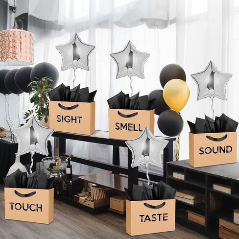 Supervitae 5 Senses Gift Bags with Tissue Paper and Balloons for Him Her Five Senses Paper Bags with Ribbon Handles Gift Wrapping for Valentines Birthday Wedding Anniversary Christmas(Black,Regular) in Saudi Arabia