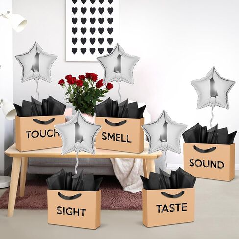 Supervitae 5 Senses Gift Bags with Tissue Paper and Balloons for Him Her Five Senses Paper Bags with Ribbon Handles Gift Wrapping for Valentines Birthday Wedding Anniversary Christmas(Black,Regular) in Saudi Arabia