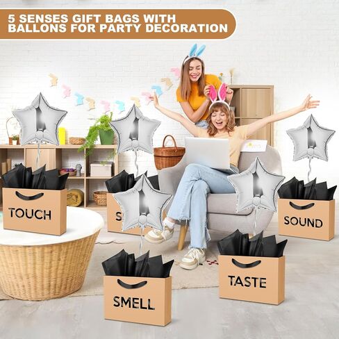 Supervitae 5 Senses Gift Bags with Tissue Paper and Balloons for Him Her Five Senses Paper Bags with Ribbon Handles Gift Wrapping for Valentines Birthday Wedding Anniversary Christmas(Black,Regular) in Saudi Arabia