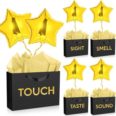 Supervitae 5 Senses Gift Bags with Tissue Paper and Balloons for Him Her Five Senses Paper Bags with Ribbon Handles Gift Wrapping for Valentines Birthday Wedding Anniversary Christmas(Black,Regular) in Saudi Arabia