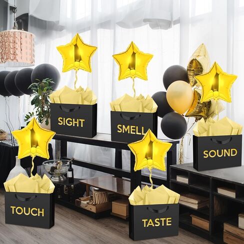 Supervitae 5 Senses Gift Bags with Tissue Paper and Balloons for Him Her Five Senses Paper Bags with Ribbon Handles Gift Wrapping for Valentines Birthday Wedding Anniversary Christmas(Black,Regular) in Saudi Arabia