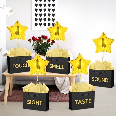 Supervitae 5 Senses Gift Bags with Tissue Paper and Balloons for Him Her Five Senses Paper Bags with Ribbon Handles Gift Wrapping for Valentines Birthday Wedding Anniversary Christmas(Black,Regular) in Saudi Arabia