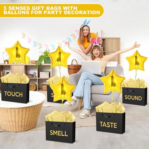 Supervitae 5 Senses Gift Bags with Tissue Paper and Balloons for Him Her Five Senses Paper Bags with Ribbon Handles Gift Wrapping for Valentines Birthday Wedding Anniversary Christmas(Black,Regular) in Saudi Arabia
