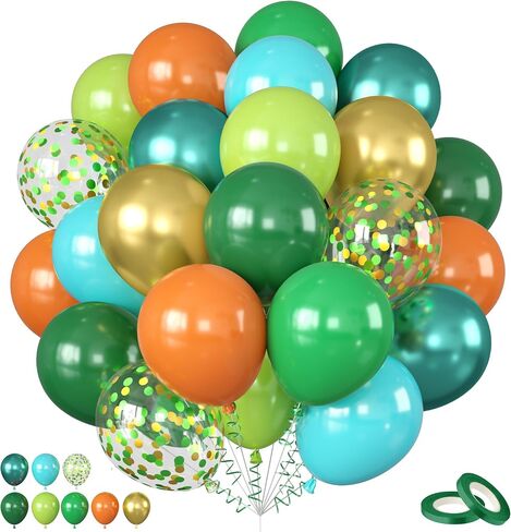 Dinosaur Balloons, 12 Inch Dark Green Teal and Orange Balloons, Metallic Gold Fruit Green Gold Confetti Balloon with Ribbons for Boys Baby Shower Jungle Safari Dino Birthday Party Decorations in Saudi Arabia