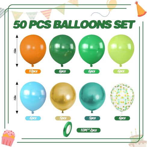 Dinosaur Balloons, 12 Inch Dark Green Teal and Orange Balloons, Metallic Gold Fruit Green Gold Confetti Balloon with Ribbons for Boys Baby Shower Jungle Safari Dino Birthday Party Decorations in Saudi Arabia