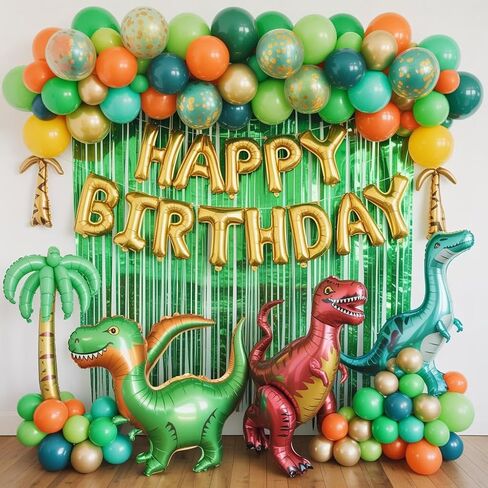 Dinosaur Balloons, 12 Inch Dark Green Teal and Orange Balloons, Metallic Gold Fruit Green Gold Confetti Balloon with Ribbons for Boys Baby Shower Jungle Safari Dino Birthday Party Decorations in Saudi Arabia