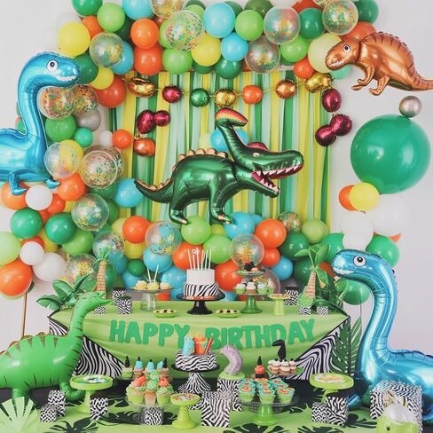 Dinosaur Balloons, 12 Inch Dark Green Teal and Orange Balloons, Metallic Gold Fruit Green Gold Confetti Balloon with Ribbons for Boys Baby Shower Jungle Safari Dino Birthday Party Decorations in Saudi Arabia