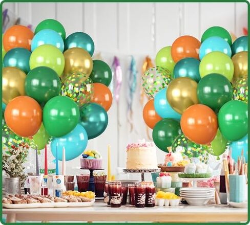 Dinosaur Balloons, 12 Inch Dark Green Teal and Orange Balloons, Metallic Gold Fruit Green Gold Confetti Balloon with Ribbons for Boys Baby Shower Jungle Safari Dino Birthday Party Decorations in Saudi Arabia
