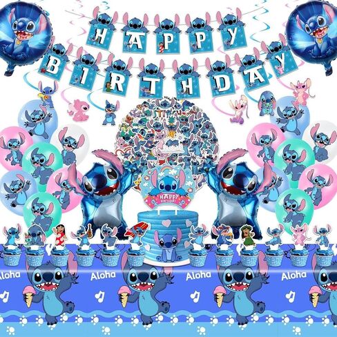 103PCS Stitch Party Supplies Birthday Decorations Set Include Banner, Balloons, Stickers, Hanging Swirls, Cake Cupcake Toppers, Tablecloth for Boys Girls Stitch Theme Party (Pink) in Kuwait