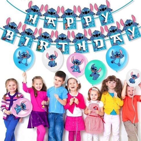 103PCS Stitch Party Supplies Birthday Decorations Set Include Banner, Balloons, Stickers, Hanging Swirls, Cake Cupcake Toppers, Tablecloth for Boys Girls Stitch Theme Party (Pink) in Kuwait