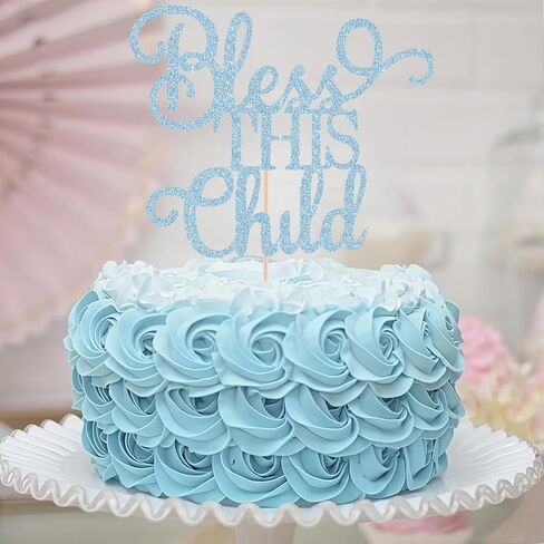 Bless This Child Cake Topper - Light Blue Glitter Chlid Christening Cake Decoration Supply - Smash Cake Topper for First Holy Communion Party/Baby Shower - Baptisim Cake Decor in Saudi Arabia