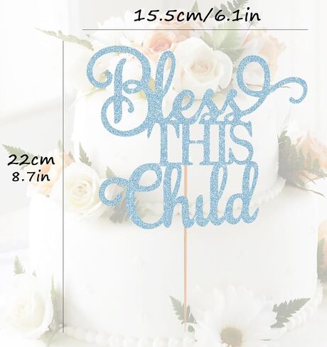 Bless This Child Cake Topper - Light Blue Glitter Chlid Christening Cake Decoration Supply - Smash Cake Topper for First Holy Communion Party/Baby Shower - Baptisim Cake Decor in Saudi Arabia