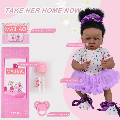 Maihao Reborn Baby Baby Dolls فتاة سوداء مع جسم ناعم أمريكي من أصل أفريقي للحياة الواقعة التي تبدو لدمى الأطفال حديثي الولادة نابضة بالحياة. in Kuwait