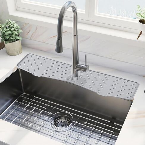 Meiliweser Silicone Faucet Splash Guard Gen 3-10° Large Slope & Adaptable Hole Faucet Handle Drip Catcher Tray - 14" x 5.5" Kitchen Sink Accessories for Kitchen, Bathroom(Gray) in Saudi Arabia