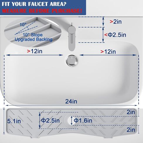 Meiliweser Silicone Faucet Splash Guard Gen 3-10° Large Slope & Adaptable Hole Faucet Handle Drip Catcher Tray - 14" x 5.5" Kitchen Sink Accessories for Kitchen, Bathroom(Gray) in Saudi Arabia