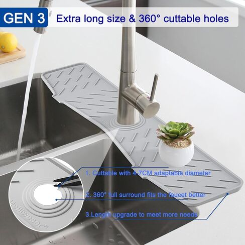 Meiliweser Silicone Faucet Splash Guard Gen 3-10° Large Slope & Adaptable Hole Faucet Handle Drip Catcher Tray - 14" x 5.5" Kitchen Sink Accessories for Kitchen, Bathroom(Gray) in Saudi Arabia