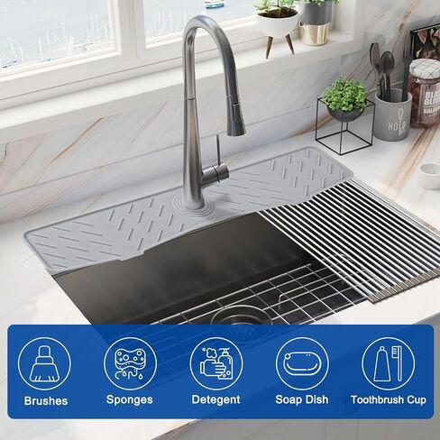 Meiliweser Silicone Faucet Splash Guard Gen 3-10° Large Slope & Adaptable Hole Faucet Handle Drip Catcher Tray - 14" x 5.5" Kitchen Sink Accessories for Kitchen, Bathroom(Gray) in Saudi Arabia