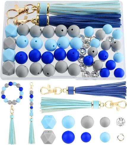 NEBURORA Silicone Beads for Keychain Making Kit, Gray, Royal Blue, Light Blue Beads with Leather Tassels Round Beads for Bracelets Crafts Beadable Pens Decorations Jewelry Making in Saudi Arabia