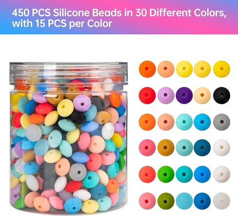 450 PCS 12 مم حبات العدس السيليكون لسلسلة المفاتيح ، سوار ، قلادة ، وأقلام تصنع 30 لونًا من الخرز السيليكون الفضفاضة لصياغة DIY in Kuwait