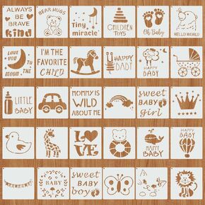 30pcs Baby Shower Painting Stencils, 5 Inch Reusable Cute Animal Onesie Painting Templates for Baby Clothes, Bodysuit, Shoes, Mixed Phrase Printing Templates for Party Decor & DIY Craft