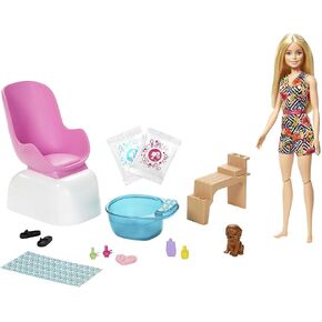 Barbie Mani-Pedi Spa Playset with Blonde Doll, Puppy, Foot Spa & Accessories, 2 Fizzy Packs Create Foaming Foot Bath, Color-Change on Doll’s Nails for Repeat Manicures & Pedicures, 3-7 Years