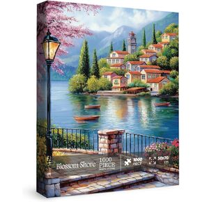 Colorful Lake Country House Puzzles for Adults 1000 Pieces, Beautiful Nature Art Flower Plant Landscape Jigsaw Puzzles, Spring Scenic Floral Painting Pretty Mountain Puzzle