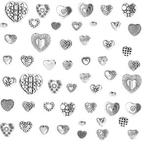 210Pcs Antique Silver Metal Spacer Beads, Retro Heart Beads Bulk Assorted Slide Hearts Bead Jewelry Findings Accessories for Bracelet Earrings Necklace Making (Heart, Silver)