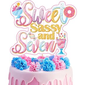 Cute Sweet Sassy and Seven Cake Topper 7th Birthday Cake Decorations Lovely 7th Birthday Decorations for Girls with Donut Ice Cream Cake Toppers for 7 Year Old Birthday Party