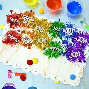 LOLStar 12 PCS Happy Birthday Cake Toppers, Foil & Glitter Rainbow Cupcake Toppers Tinsel Birthday Cupcake Decors Drink Stirrers Flowers Cake Decorations Food Fruit Party Supplies Photobooth Props