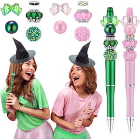 Yeaqee 2 Pcs Witch Beadable Pens Bulk Princess and Witch Party Favors Pink and Green Gift Pens Set Plastic Bead Pens for Friends Girls Friendship Matching Office School for Party Supplies Gifts