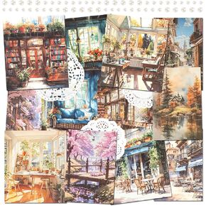 2 Packs Scrapbook Paper Street Natural Scenery Decoupage Background Paper Vintage Watercolor Style Collage Paper with Sticky Pearl for Journal Planner Card Making Crafting Collaging Wrapping (Alva)