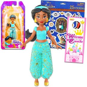 Disney Aladdin Princess Jasmine Doll Set - 3 Pc Aladdin Toy Bundle with Princess Jasmine Doll for Girls, Stickers, and More (Princess Jasmine 5 Inch Petite Figure for Kids, Toddlers)