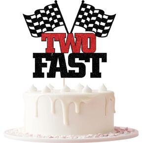Two Fast Cake Topper-2nd Birthday - Topper For Photo Booth Props & Backdrop Cake-Chequered Flag Race Car Themed Suppllies-2nd Decor Boy or girl