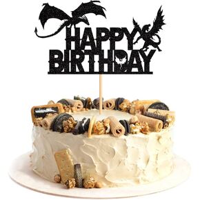 Dragon Happy Birthday Cake Topper Black Glitter Fantasy Birthday Cake Decoration for Medieval Dragon Theme Party Kids Birthday Party Baby Shower Cake Supplies