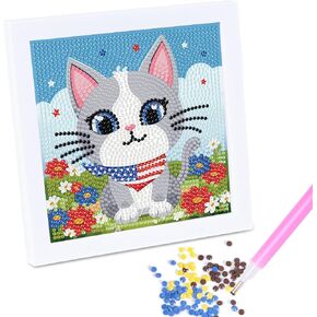 Anseal Cute Diamond Art Kits,DIY Painting Art for Kids with Wooden Frame Art and Crafts Ages 6-8-10-12, Diamond Arts and Cafts Sets for Kids and Adult Beginners Home Wall Decoration (Cat)