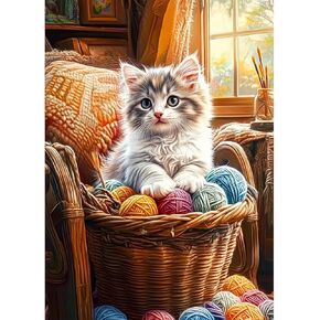 MEIYUDA Cat Diamonds Painting Kits for Adults, DIY Relax Cat on Sofa Diamond Art Kits, House Diamond Art Crystal Picture Round Full Drill Gem for Home Wall Decor 12x16in