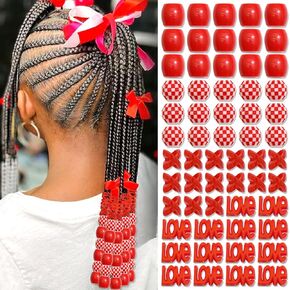 NAISKA 60Pcs Red Hair Beads for Braid Loc Hair Jewelry Dreadlock Bead Accessories Hair Decoration with Hair Ring Cuffs Charms for Hair Braids Accessories Braid Clips for Women and Girls